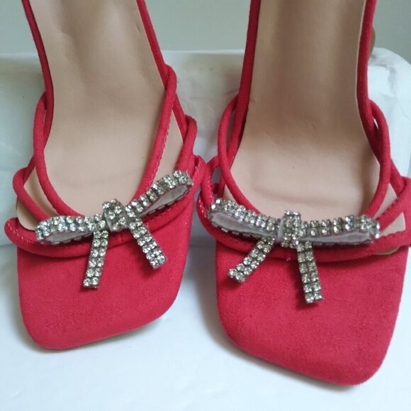 Red  Rhinestone Bow  Square Toe Wrap Around Strappy Sandals Horsehoof Heel Sz 38 - Picture 9 of 9